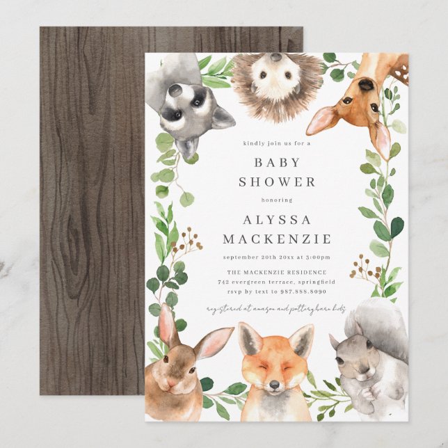 Waldtiere Baby Shower Einladung (Vorne/Hinten)