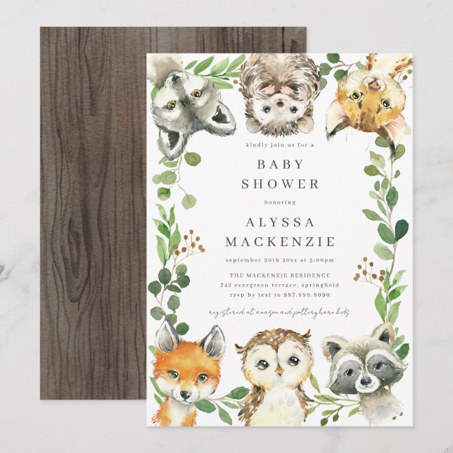 Waldtiere Baby Shower Einladung (Vorne/Hinten)