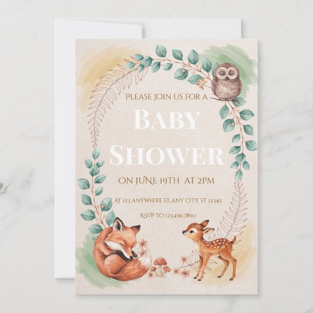 Waldtiere Baby Shower Einladung  (Vorderseite)