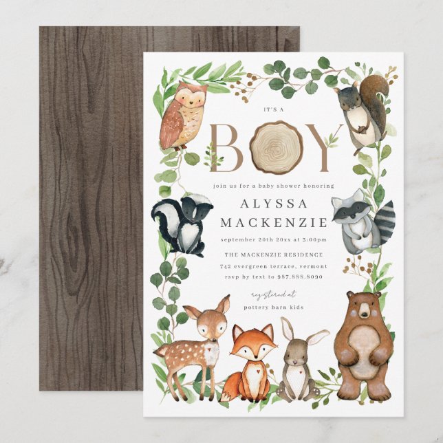 Waldtiere Baby Shower Einladung (Vorne/Hinten)