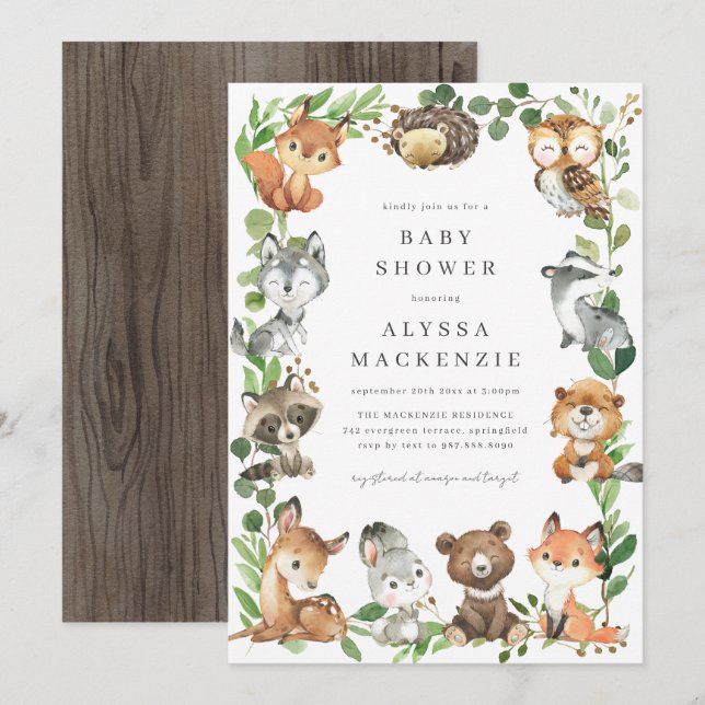 Waldtiere Baby Shower Einladung (Vorne/Hinten)