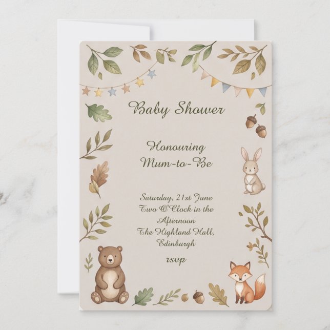 Waldtiere Baby Shower Einladung (Vorderseite)