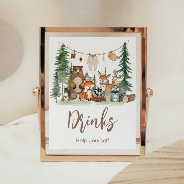 Waldtiere Baby Shower Getränke Schild (Woodland Animals Adventure Awaits Rustic Baby Shower Sign)