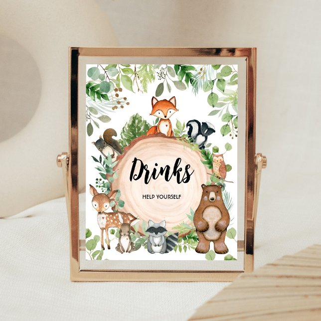 Waldtiere Baby Shower Getränke Schild (Wood Slice Woodland Baby Shower Drinks Sign)