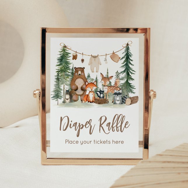 Waldtiere Baby Shower Windel Raffle Schild (Woodland Animals Adventure Awaits Rustic Baby Shower Sign)