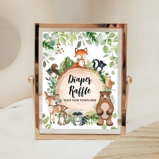 Waldtiere Baby Shower Windel-Raffle-Schild Poster (Wood Slice Woodland Baby Shower Diaper Raffle Sign)