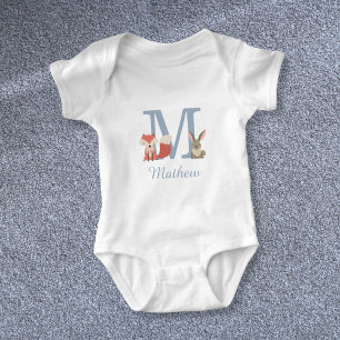 Waldtiere Blau Baby Junge Initiale Monogramm Strampler