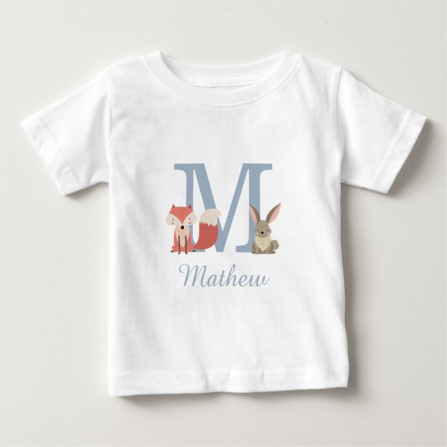 Waldtiere Blau Baby Junge Initiale Monogramm T-shirt (Vorderseite)