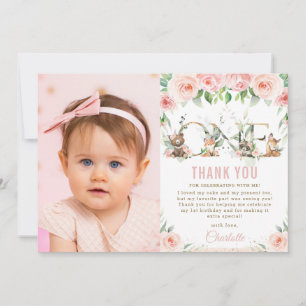 Waldtiere Blush Floral 1. Geburtstag Foto   Dankeskarte