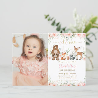 Waldtiere Blush Floral 1. Geburtstag Foto Einladung