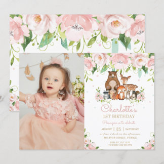 Waldtiere Blush Floral 1. Geburtstag Foto Einladung
