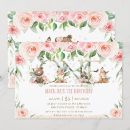 Waldtiere Blush Floral Eins 1. Geburtstag Einladung
