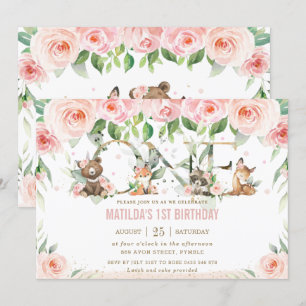 Waldtiere Blush Floral Eins 1. Geburtstag Einladung