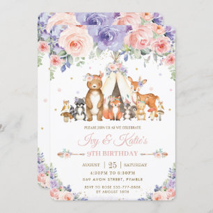 Waldtiere Blush Lilac Floral Geburtstag  Einladung