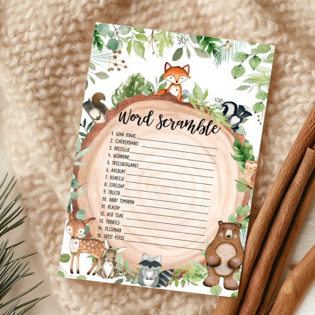 Waldtiere Dusch-Wortverwirrspiel (Wood Slice Woodland Baby Shower Word Scramble Game)