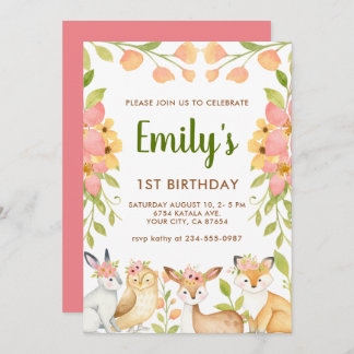Waldtiere Floral 1. Geburtstag Party Einladung