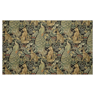 WALDTIERE, FOX, PEACOCK, HARE GREEN FLORAL STOFF