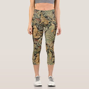 WALDTIERE, FOX, PEACOCK, HARE IN GRÜNEN BLUMEN CAPRI LEGGINGS