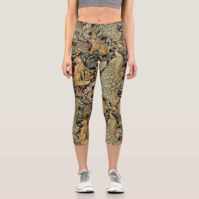 WALDTIERE, FOX, PEACOCK, HARE IN GRÜNEN BLUMEN CAPRI LEGGINGS (Vorderseite)