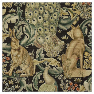 WALDTIERE, FOX, PEACOCK, HARE IN GRÜNEN BLUMEN STOFF