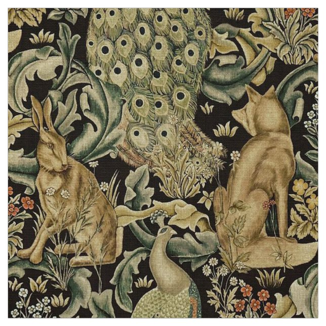 WALDTIERE, FOX, PEACOCK, HARE IN GRÜNEN BLUMEN STOFF (Muster)
