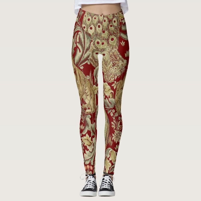 WALDTIERE, FOX, PEACOCK, HARE IN ROTEN BLUMEN LEGGINGS (Vorderseite)