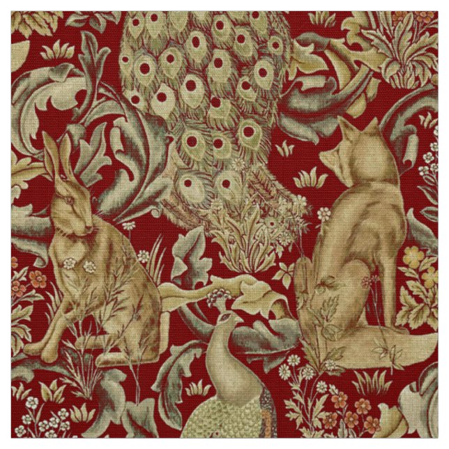 WALDTIERE, FOX, PEACOCK, HARE IN ROTEN BLUMEN STOFF (Muster)