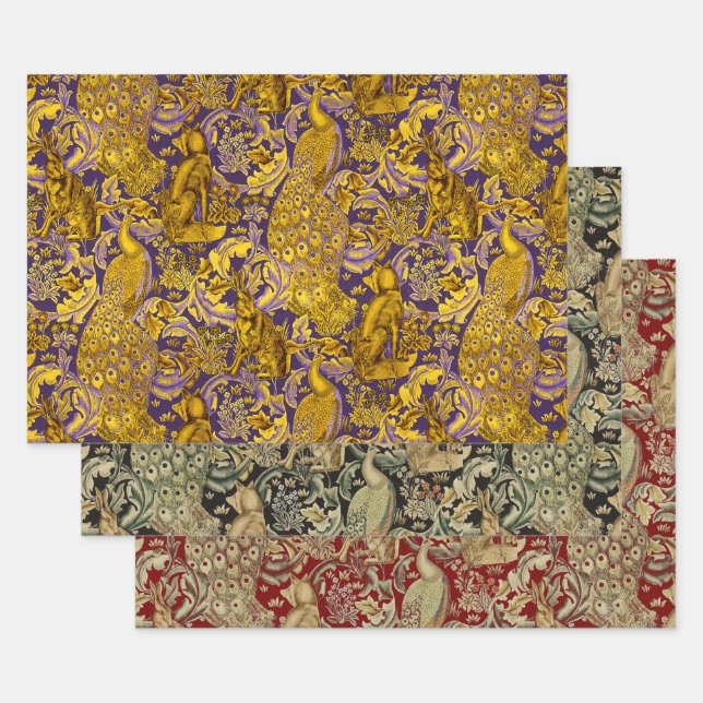 WALDTIERE, FOX, PEACOCK, HARE, ROTE GELBE BLUME GESCHENKPAPIER SET (Set)