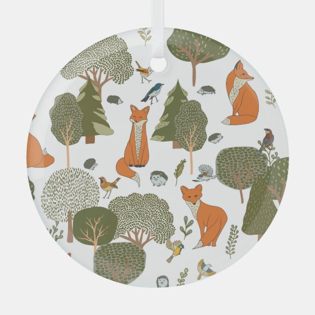 Waldtiere: Füchse, Vogelmuster Ornament Aus Glas (Vorderseite)