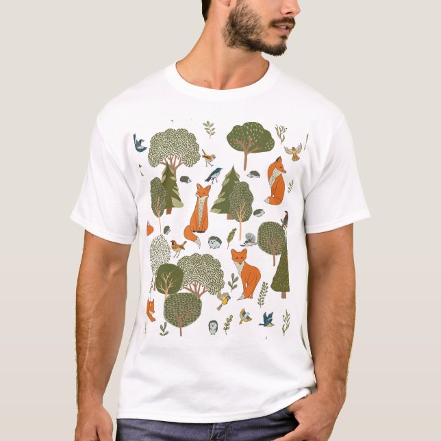 Waldtiere: Füchse, Vogelmuster T-Shirt (Vorderseite)