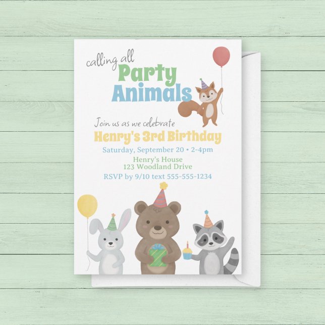 Waldtiere Geburtstagsfeier Einladung (Forest Friends Birthday Party Invitation. Calling all party animals!)