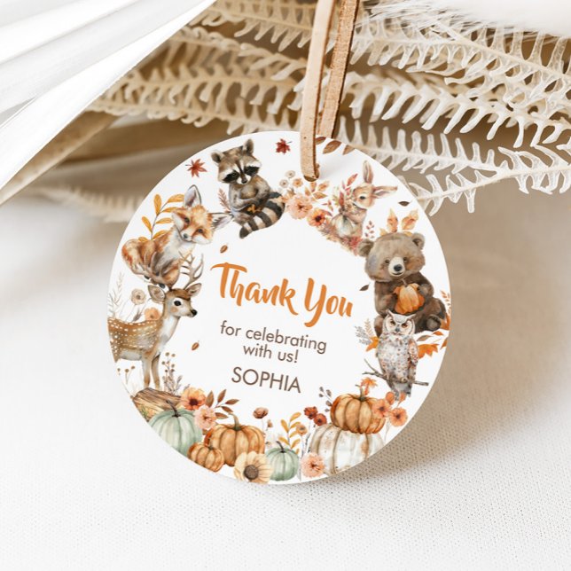 Waldtiere - Geburtstagsparty Geschenkanhänger (Forest Woodland Animals Pumpkin Birthday Party Round Favor Tags)