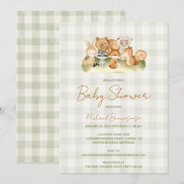 Waldtiere Gingham-Baby-Party Einladung (Vorne/Hinten)