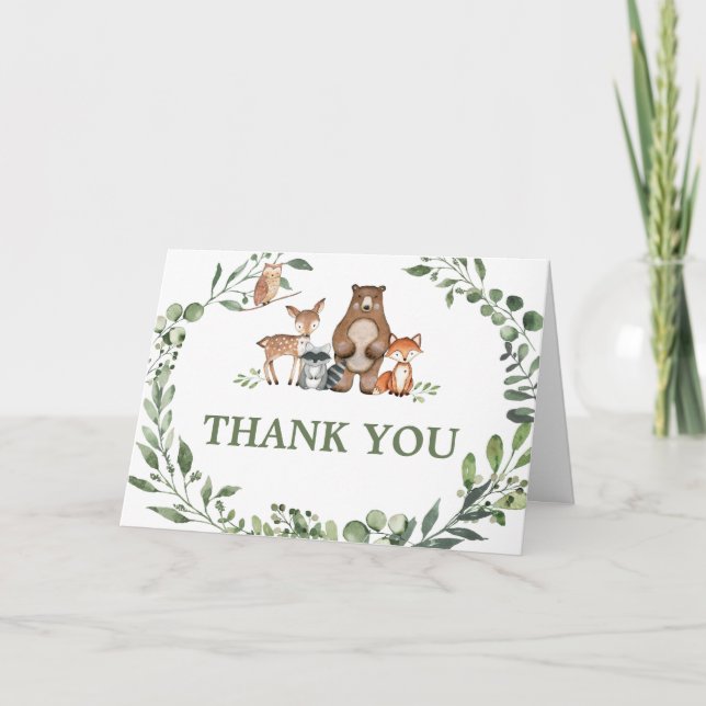 Waldtiere Greenery Baby Shower  Dankeskarte (Vorderseite)