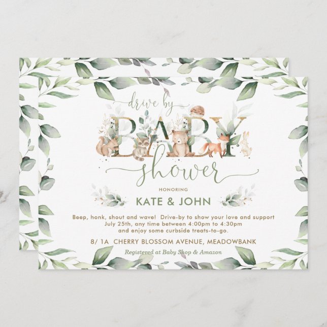 Waldtiere Grünantrieb mit Babydusche Einladung (Vorne/Hinten)