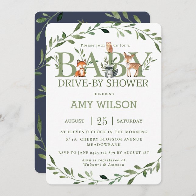 Waldtiere Grünantrieb mit Babydusche Einladung (Vorne/Hinten)