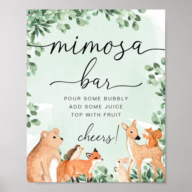 Waldtiere Grüne Babydusche Mimosa Bar Zeichen Poster (Vorne)