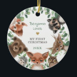 Waldtiere Grüne Kleider 1. Weihnachtsfest Keramik Ornament<br><div class="desc">Dieses Design besticht durch elegante botanische Vegetation und bezaubernde Waldtiere</div>