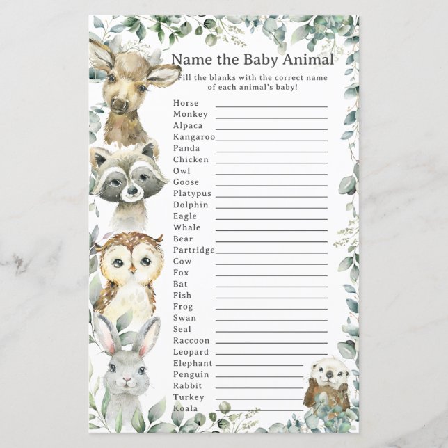 Waldtiere Grüne Name Tierspiel (Vorderseite)