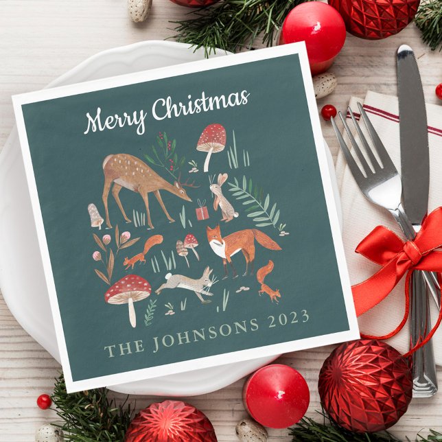 Waldtiere Grüne Weihnachten Serviette (Cute Woodland Animals Green Christmas Napkins)