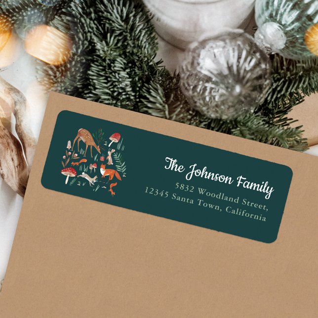 Waldtiere Grüne Weihnachtsfeiertage Party Einladun (Woodland Animals Green Christmas Party Invitation Label)