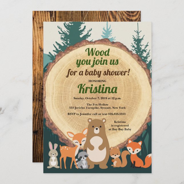 Waldtiere Grünholz Kinderdusche Einladung (Vorne/Hinten)