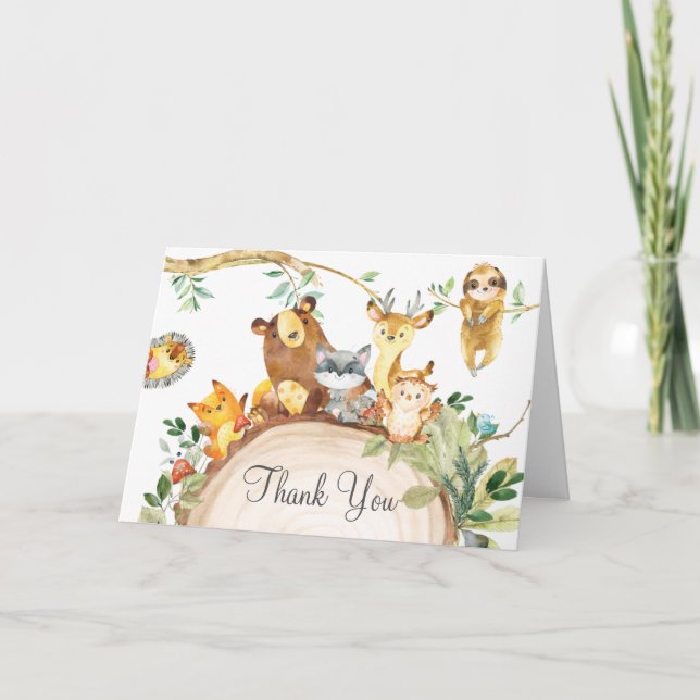 Waldtiere Grünpflanzen 1. Geburtstagsdusche Dankeskarte (Vorderseite)
