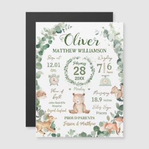 Waldtiere Grünpflanzen Baby Birth Print Stats Magnetkarte