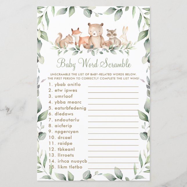 Waldtiere Grünpflanzen Baby Word Scramble Game (Vorderseite)
