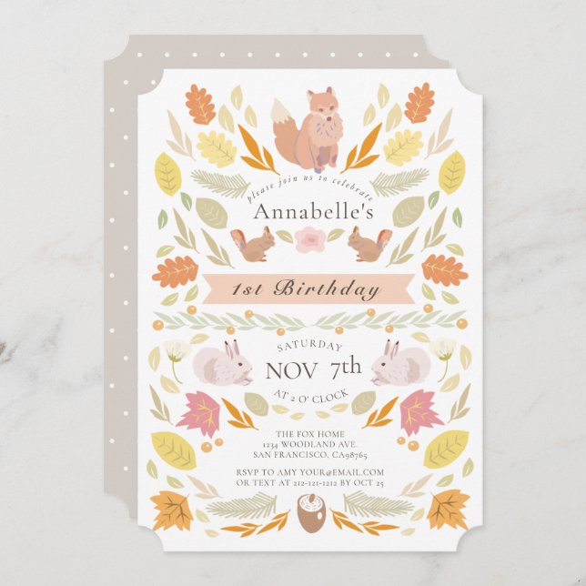 Waldtiere Herbst Blätter 1. Geburtstag Einladung (Vorne/Hinten)