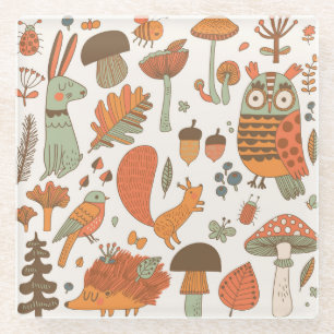 Waldtiere: Herbstliche Farbige Hintergrund. Glasuntersetzer