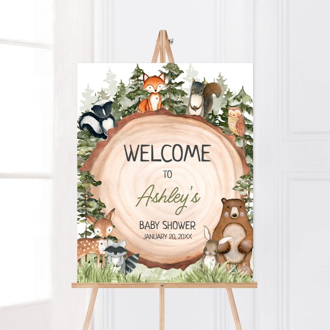 Waldtiere Holz-Slice Willkommen Poster (Boy Woodland Animals Baby Shower Welcome Sign)