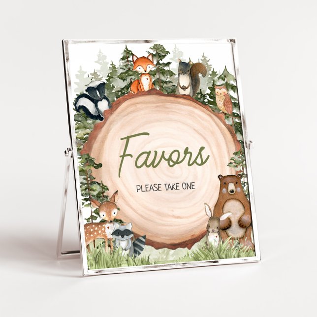 Waldtiere Holzschnitzel-Favoriten Poster (Boy Woodland Animals Baby Shower Favors Sign)