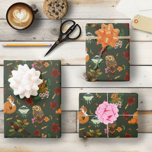 Waldtiere im Herbst grün Geschenkpapier Set